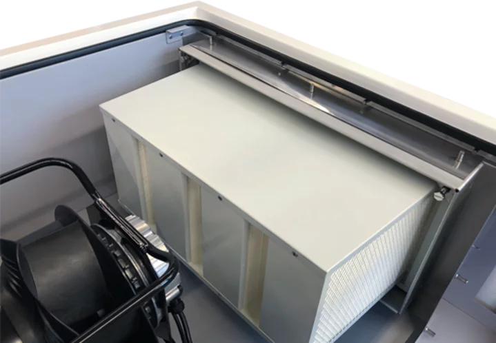 Hygienic climate control filter unit with metal housing and integrated fan for healthcare environments