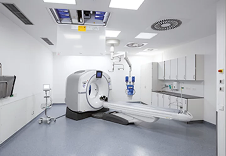 CT room in healthcare with computed tomography scanner and hygienic air handling system
